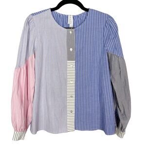 Anthropologie Amadi Small Blue Pink Carice Button Down Striped Patchwork Blouse
